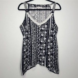 Jolt Tank Black and White Tribal Print Boho Print V Neck High Low Hem Line